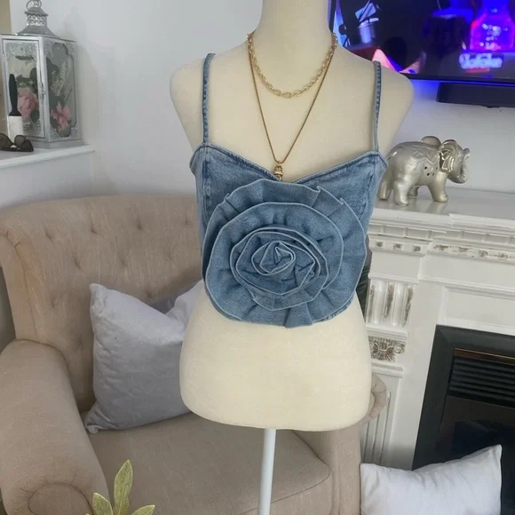 MUMU Blue Denim Floral Bustier Top SIZE M - Picture 9 of 10
